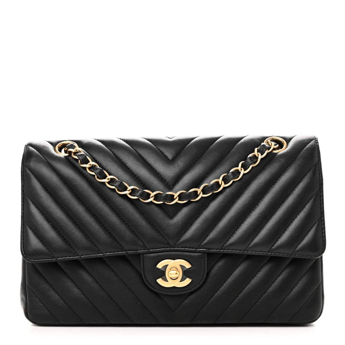 Lambskin Chevron Quilted Medium Double Flap Black