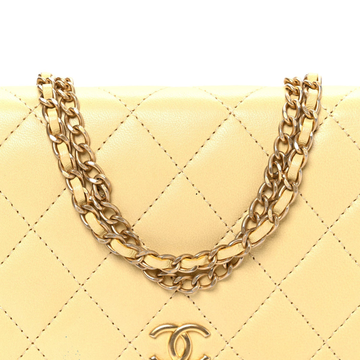 Lambskin Quilted Enamel Wallet On Chain WOC Yellow