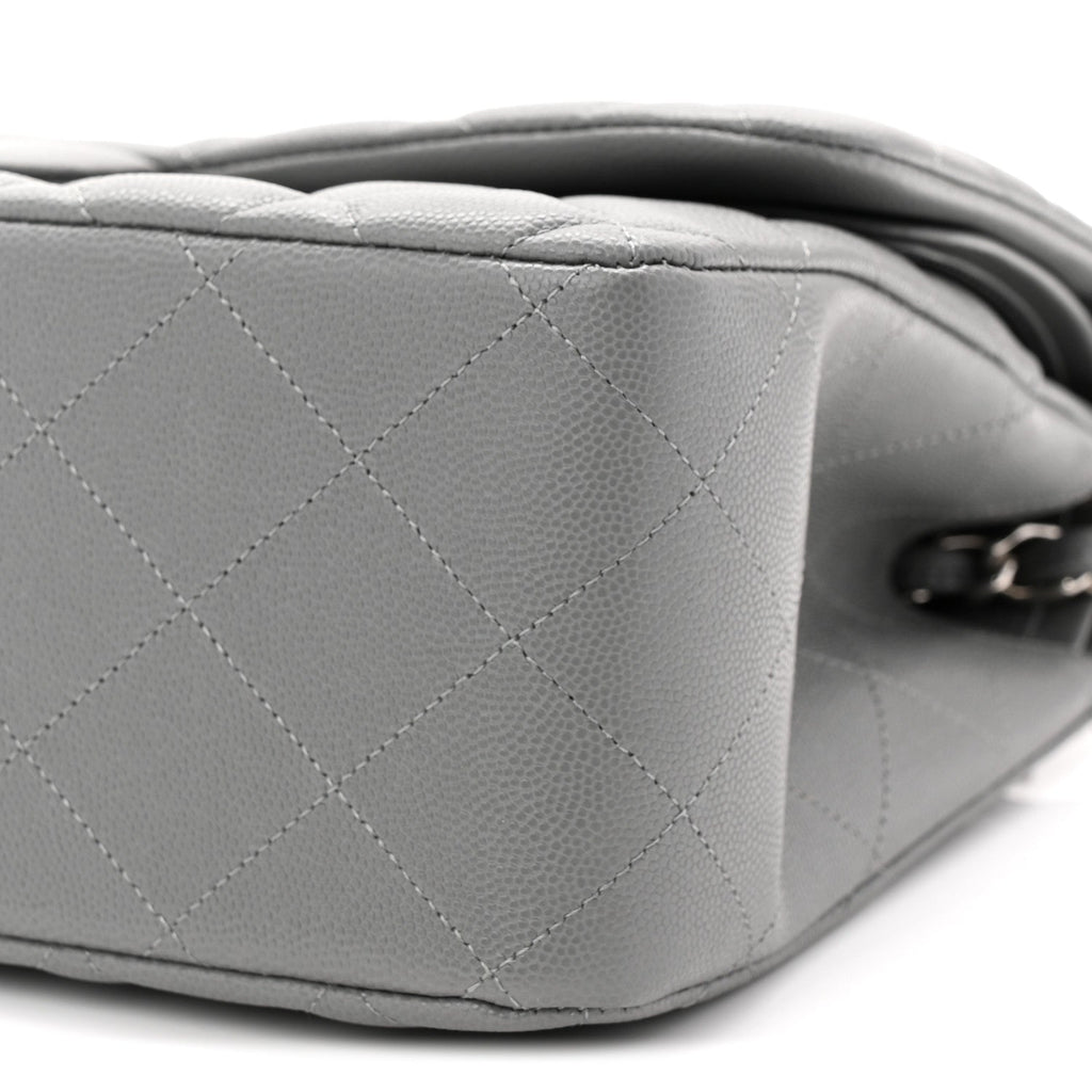 Caviar Quilted Jumbo Double Flap Grey