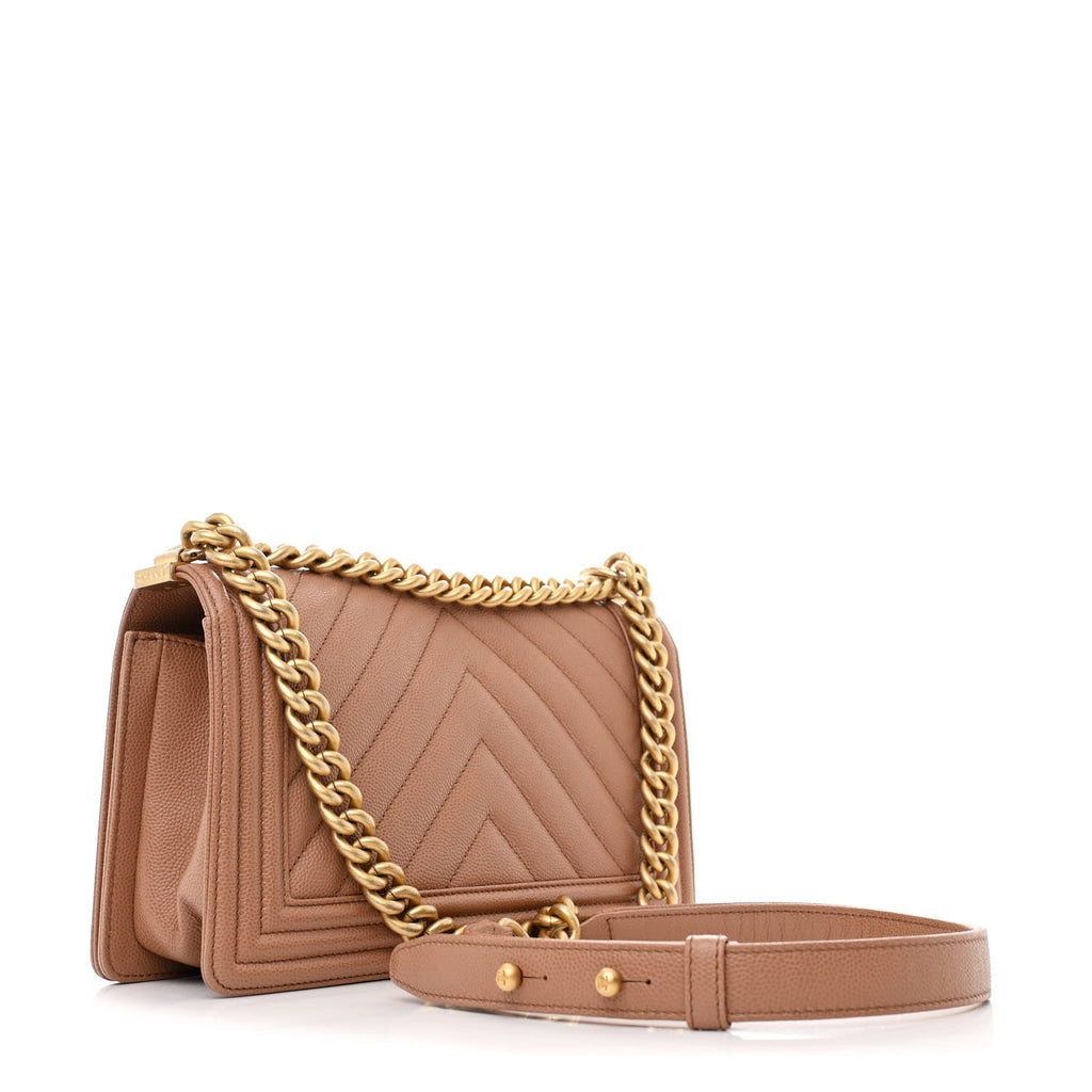 Caviar Chevron Quilted Medium Boy Flap Brown