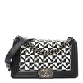 Calfskin Woven Medium Boy Flap Black White
