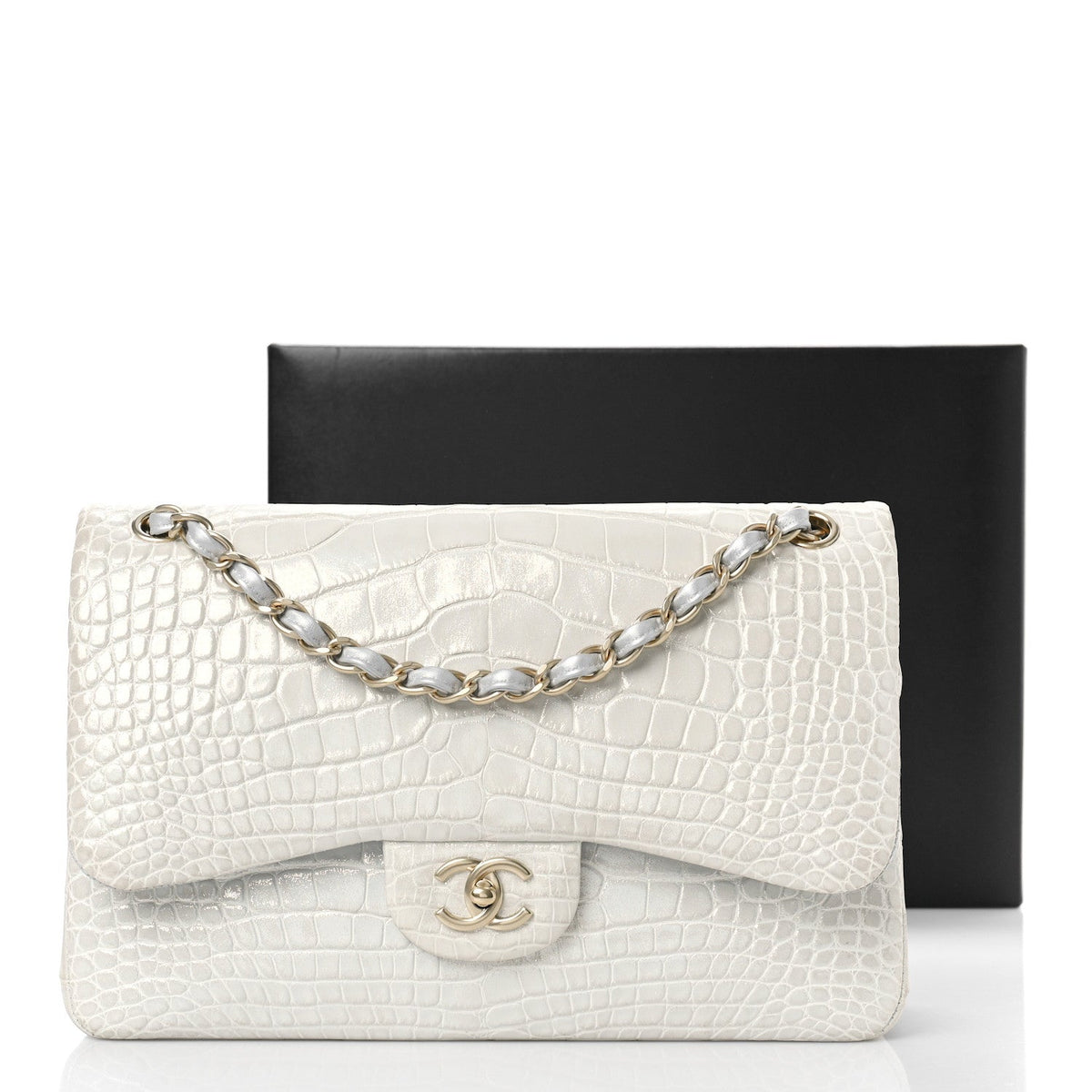 Iridescent Alligator Jumbo Double Flap Light Grey