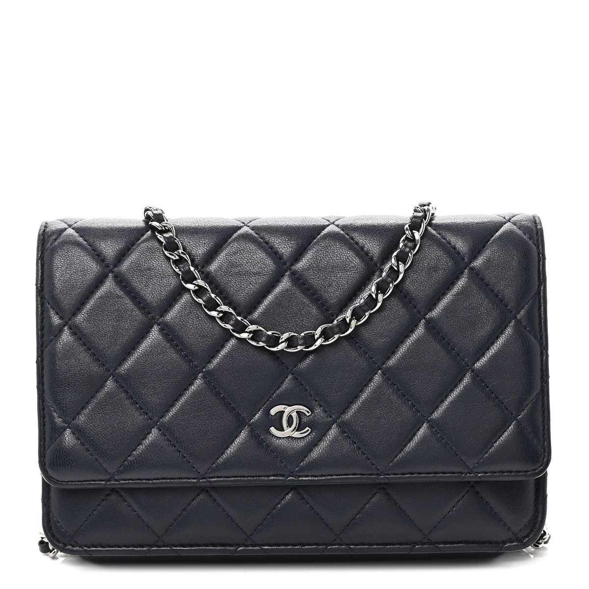Lambskin Quilted Wallet On Chain WOC Navy Blue