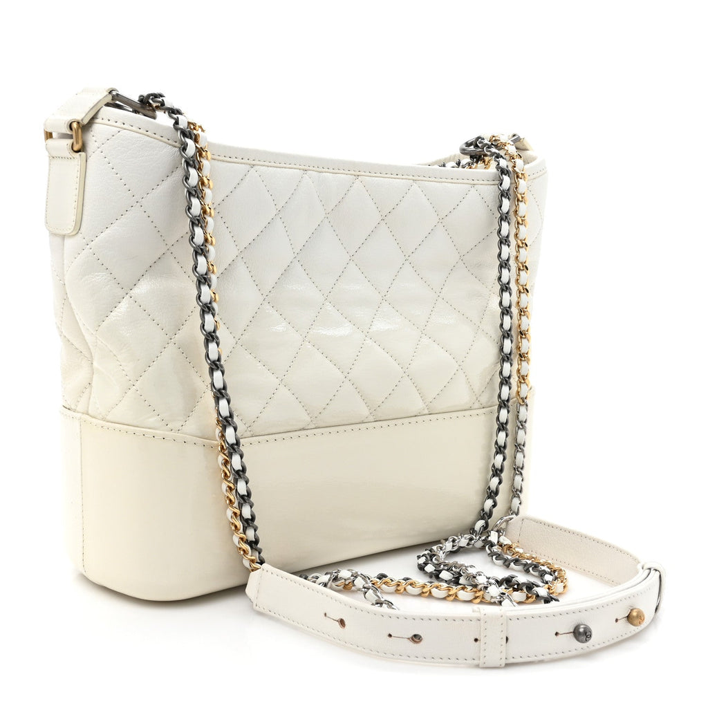 Patent Goatskin Quilted Medium Gabrielle Hobo White