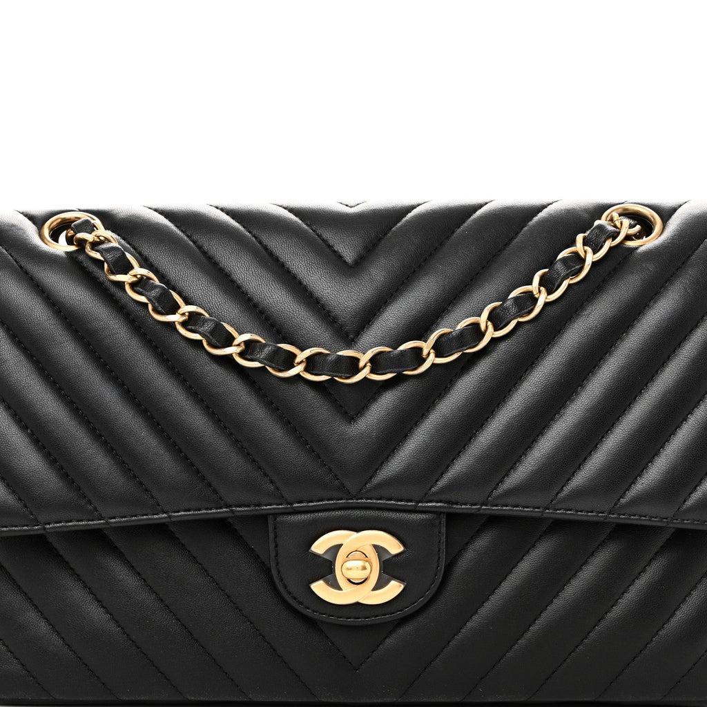 Lambskin Chevron Quilted Medium Double Flap Black