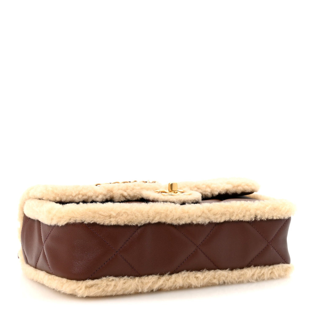Shearling Lambskin Quilted Furry Coco Flap Dark Brown Beige